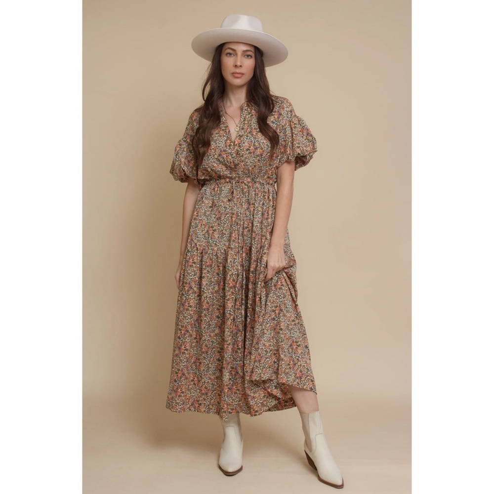 Hudson Gray Cottagcore Floral Print Midi Dress with Puff Seeves Size M